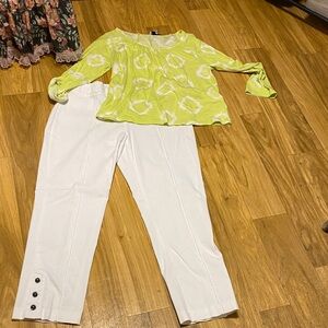 Stylish White Pants and Green Top Set; see below for complete info!